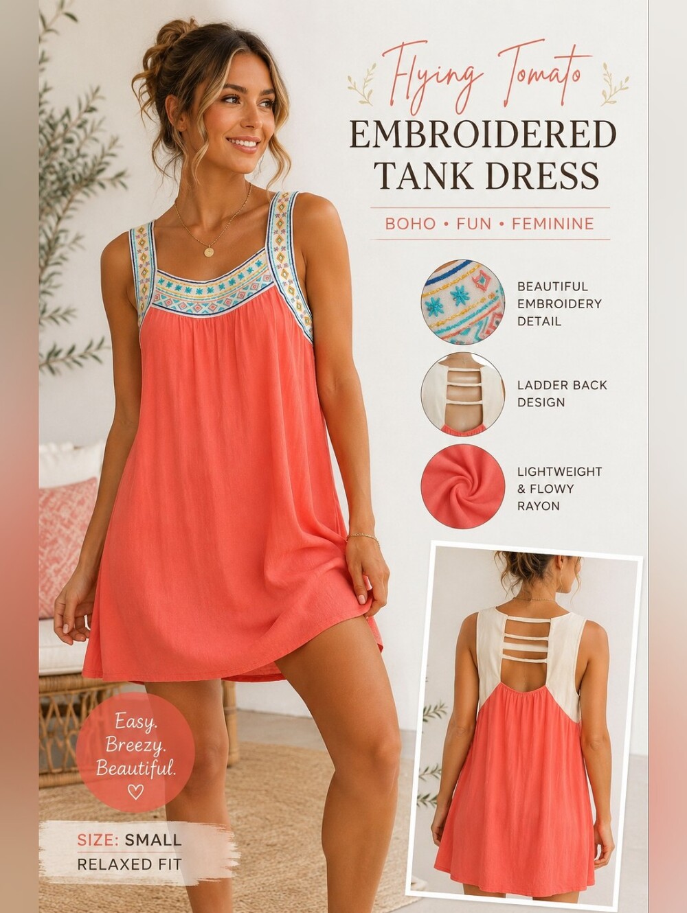 Flying Tomato Coral Embroidered Racerback Tank Dress